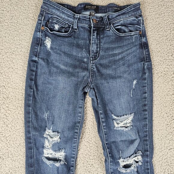 Judy Blue Denim - Judy Blue Jeans Womens 7/28 Skinny Fit Stretch Tummy Control Distress Dark Wash